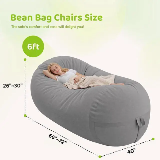 Alt view image 2 of 6 - Bean Bag Chair, 6FT Large Bean Bag Chair with Removable Cover, Comfy Beanbag Chair with Memory Foam Filling, Bean Bag Sofa for Living Room Bedroom Reading Room, Light Grey