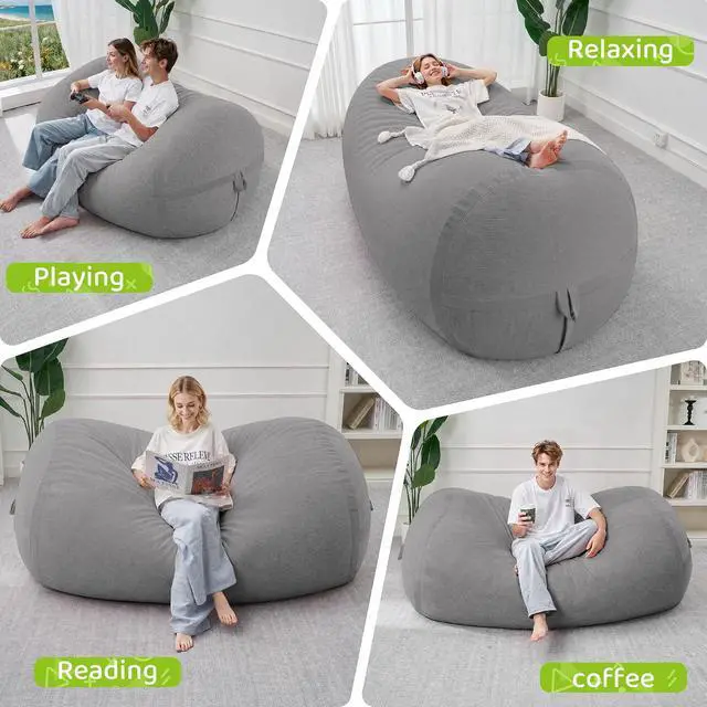Alt view image 5 of 6 - Bean Bag Chair, 6FT Large Bean Bag Chair with Removable Cover, Comfy Beanbag Chair with Memory Foam Filling, Bean Bag Sofa for Living Room Bedroom Reading Room, Light Grey