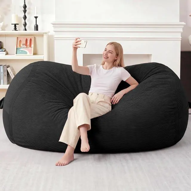 Alt view image 3 of 6 - Bean Bag Chair, 6FT Giant Bean Bag Chair with Memory Foam, Ultra-Soft Corduroy Cover & Zipper Design, Portable Handle Comfy Bean Bag Sofa for Living Room, Bedroom, No Assembly - Black
