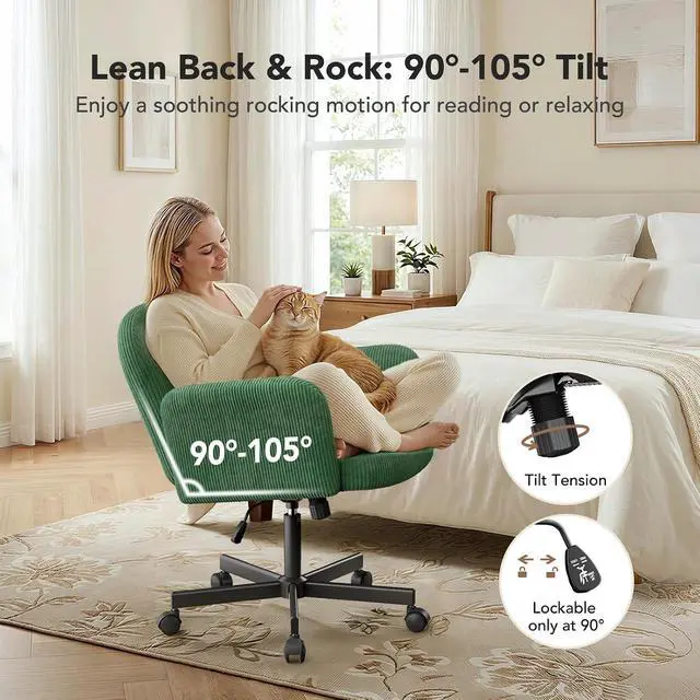 Alt view image 7 of 7 - Criss Cross Office Chair for Girls, Desk Chair with Adjustable Armrests, Soft Corduroy Fabric for Small Spaces, Home Office Computer Chair for Petite Women, Deep Green