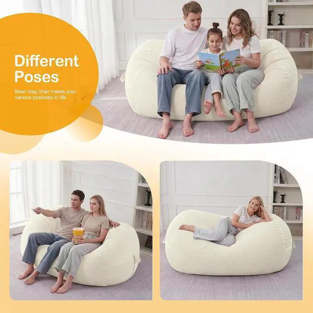 Alt view image 4 of 6 - Bean Bag Chair, 5FT Giant Bean Bag Chair with Memory Foam, Ultra-Soft Corduroy Cover & Zipper Design, Portable Handle Comfy Bean Bag Sofa for Living Room, Bedroom, No Assembly - Whtie