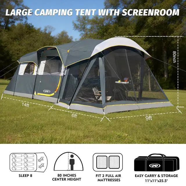 Alt view image 3 of 7 - Camping Tent 8 Person Waterproof Big Tunnel Tent with Screen Porch,Family Outdoor Large Tents for Camping 20' x 9' x 80in(H)