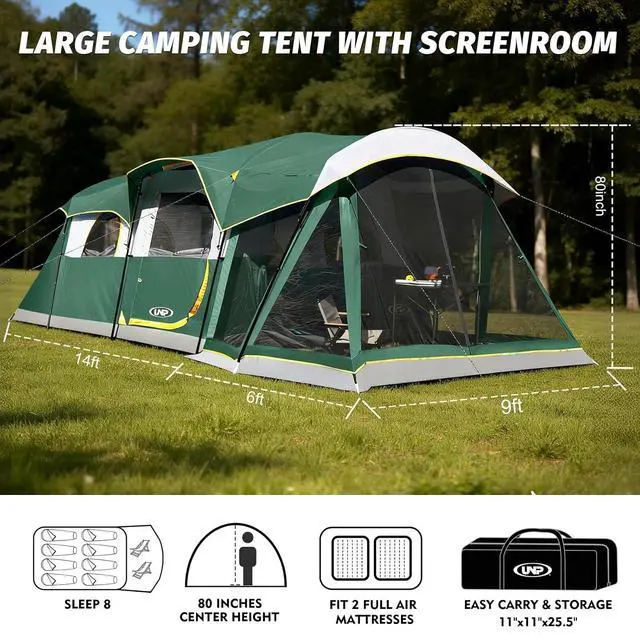 Alt view image 3 of 7 - Camping Tent 8 Person Waterproof Big Tunnel Tent with Screen Porch,Family Outdoor Large Tents for Camping 20' x 9' x 80in(H)