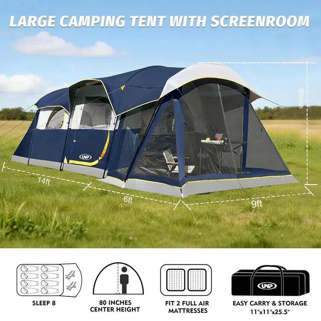 Alt view image 3 of 7 - Camping Tent 8 Person Waterproof Big Tunnel Tent with Screen Porch,Family Outdoor Large Tents for Camping 20' x 9' x 80in(H)