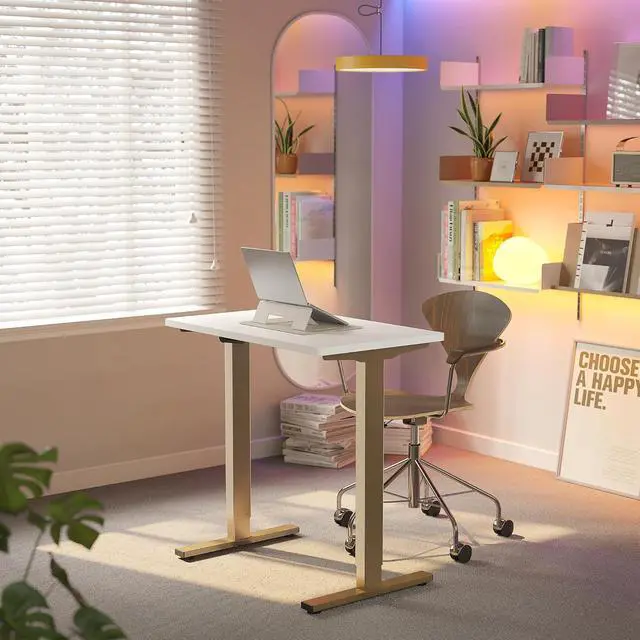 Alt view image 2 of 7 - 32" Small Electric Standing Desk Adjustable Height, 4 Memory Height Settings, Sit Stand Up Desk for Home Office & Computer Workstation, White and Gold Frame