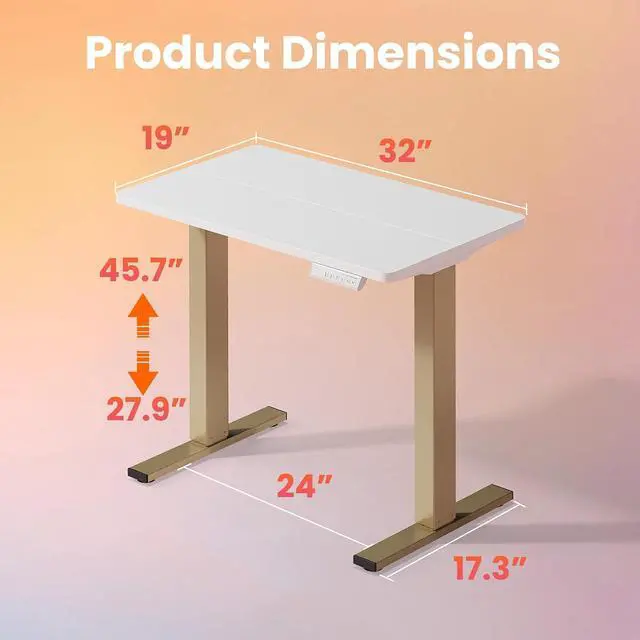 Alt view image 3 of 7 - 32" Small Electric Standing Desk Adjustable Height, 4 Memory Height Settings, Sit Stand Up Desk for Home Office & Computer Workstation, White and Gold Frame