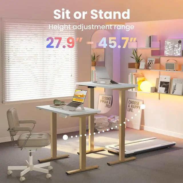 Alt view image 4 of 7 - 32" Small Electric Standing Desk Adjustable Height, 4 Memory Height Settings, Sit Stand Up Desk for Home Office & Computer Workstation, White and Gold Frame