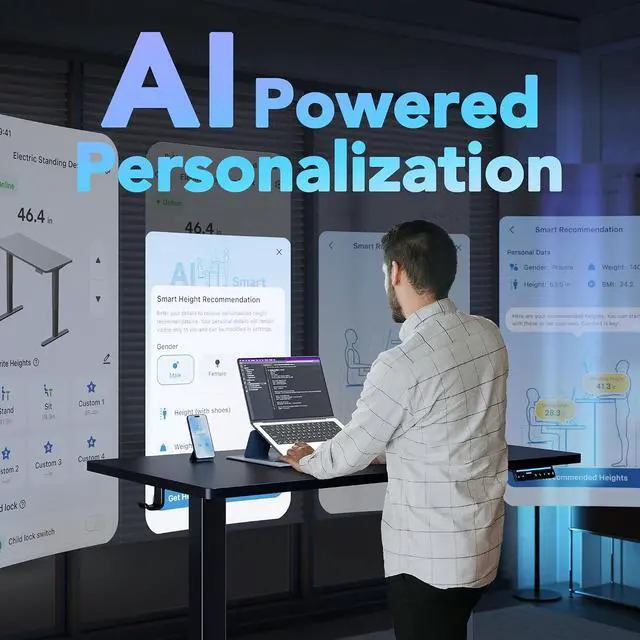 Alt view image 3 of 7 - One-Piece AI-Powered Electric Standing Desk, Smart APP, Work with Alexa & Google, Adjustable Height, 3 Memory Settings, Sedentary Reminder, Ergonomic Sit-Stand Desk, 48-inch, Black