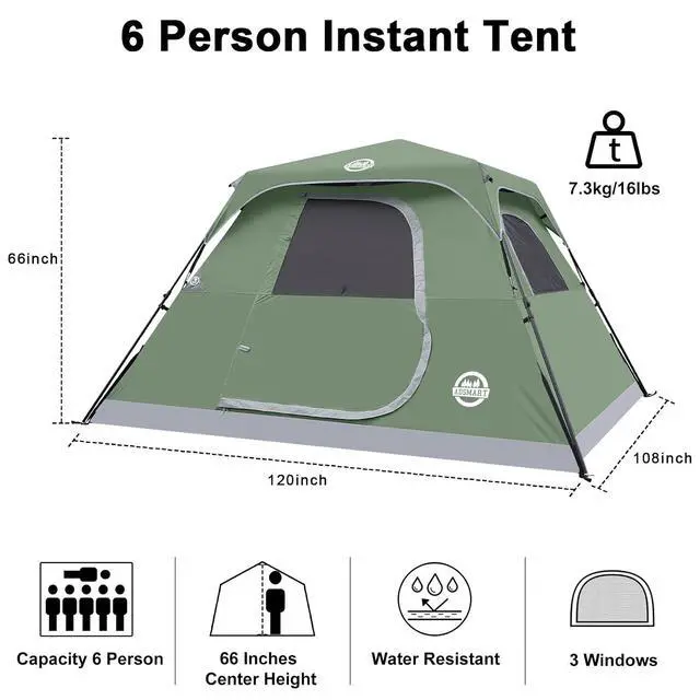 Alt view image 2 of 7 - Instant Tents for Camping 6 Person Tent Waterproof Easy Setup Sets Up Backpacking Tents with Carry Bag for Outdoor Hiking