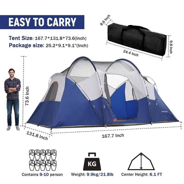Alt view image 2 of 6 - 10 Person Camping Tent - Portable Easy Set Up Family Tent for Camp, Windproof Fabric Dome Tent Outdoor for Hiking, Backpacking, Traveling-14'x11'x74in(H)