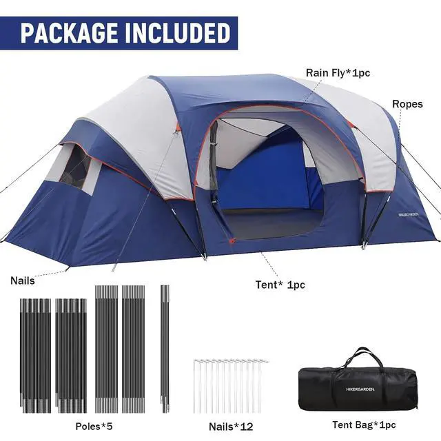 Alt view image 6 of 6 - 10 Person Camping Tent - Portable Easy Set Up Family Tent for Camp, Windproof Fabric Dome Tent Outdoor for Hiking, Backpacking, Traveling-14'x11'x74in(H)