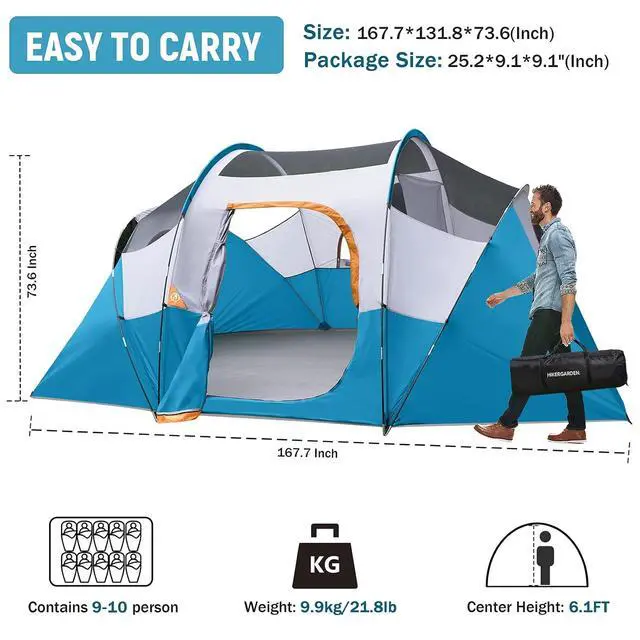Alt view image 2 of 6 - 10 Person Camping Tent - Portable Easy Set Up Family Tent for Camp, Windproof Fabric Dome Tent Outdoor for Hiking, Backpacking, Traveling-14'x11'x74in(H)