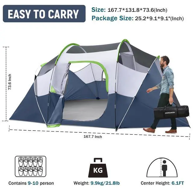 Alt view image 2 of 7 - 10 Person Camping Tent - Portable Easy Set Up Family Tent for Camp, Windproof Fabric Dome Tent Outdoor for Hiking, Backpacking, Traveling-14'x11'x74in(H)