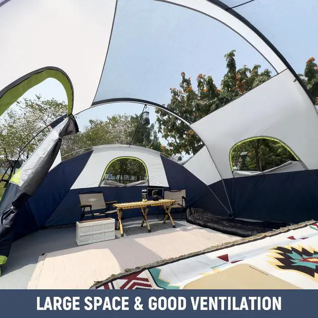 Alt view image 4 of 7 - 10 Person Camping Tent - Portable Easy Set Up Family Tent for Camp, Windproof Fabric Dome Tent Outdoor for Hiking, Backpacking, Traveling-14'x11'x74in(H)