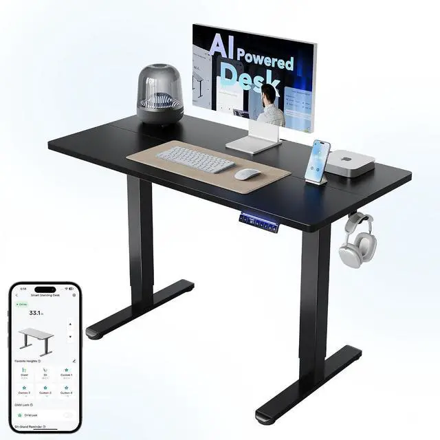 Main image of 48" AI Smart Standing Desk with App-Synced Sedentary Reminders, Electric Height Adjustable Desk with Body-Data Ergonomic Presets, Voice Control Alexa/Google/Siri, 3 Memory Settings Table, Black