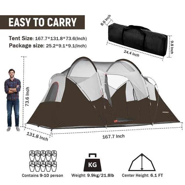 Alt view image 2 of 6 - 10 Person Camping Tent - Portable Easy Set Up Family Tent for Camp, Windproof Fabric Dome Tent Outdoor for Hiking, Backpacking, Traveling-14'x11'x74in(H)