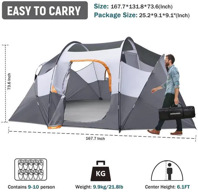 Alt view image 2 of 7 - 10 Person Camping Tent - Portable Easy Set Up Family Tent for Camp, Windproof Fabric Dome Tent Outdoor for Hiking, Backpacking, Traveling-14'x11'x74in(H)