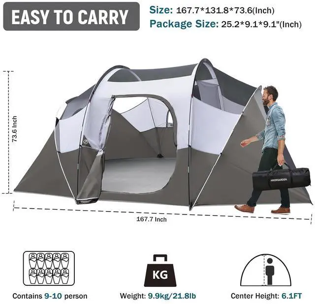 Alt view image 2 of 7 - 10 Person Camping Tent - Portable Easy Set Up Family Tent for Camp, Windproof Fabric Dome Tent Outdoor for Hiking, Backpacking, Traveling-14'x11'x74in(H)