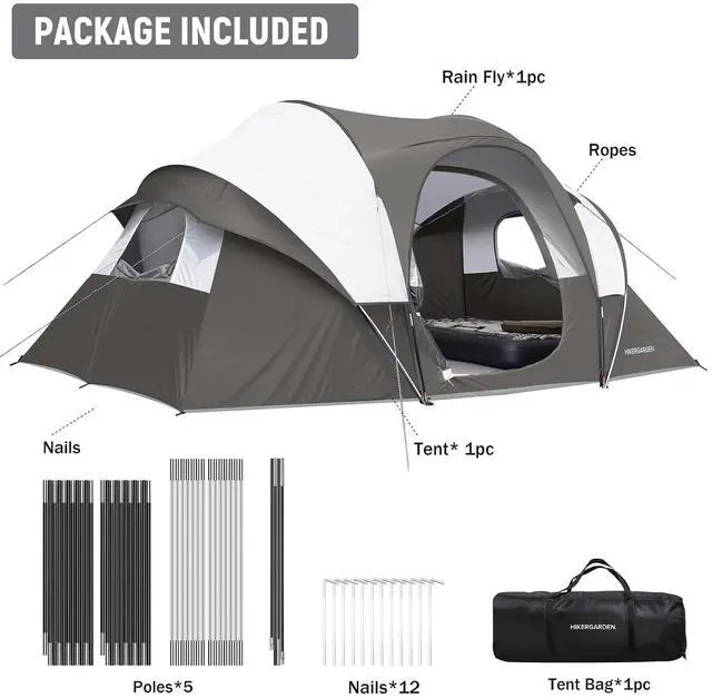 Alt view image 4 of 7 - 10 Person Camping Tent - Portable Easy Set Up Family Tent for Camp, Windproof Fabric Dome Tent Outdoor for Hiking, Backpacking, Traveling-14'x11'x74in(H)