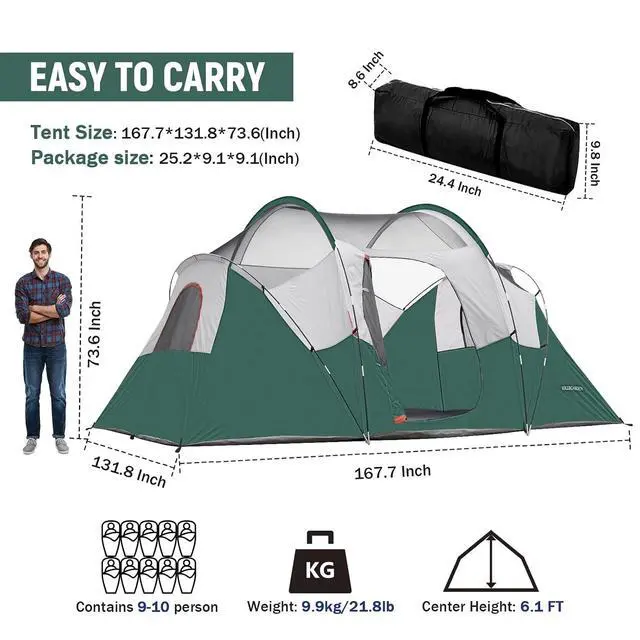 Alt view image 2 of 6 - 10 Person Camping Tent - Portable Easy Set Up Family Tent for Camp, Windproof Fabric Dome Tent Outdoor for Hiking, Backpacking, Traveling-14'x11'x74in(H)