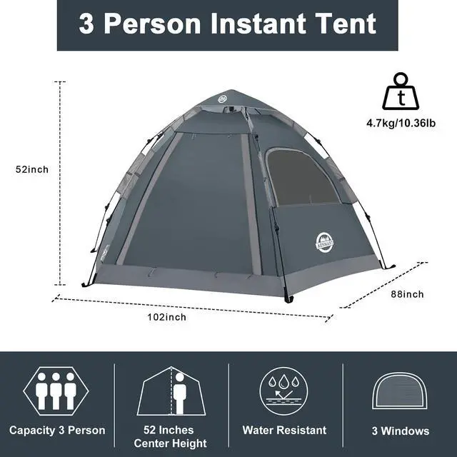 Alt view image 2 of 7 - Instant Tents for Camping 2/3/4/5 Person Tent Waterproof Easy Setup Sets Up Backpacking Tents with Carry Bag for Outdoor Hiking