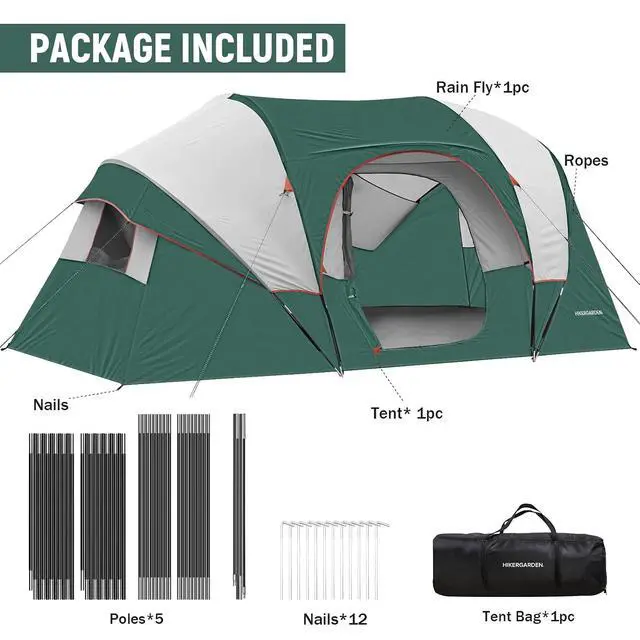 Alt view image 6 of 6 - 10 Person Camping Tent - Portable Easy Set Up Family Tent for Camp, Windproof Fabric Dome Tent Outdoor for Hiking, Backpacking, Traveling-14'x11'x74in(H)