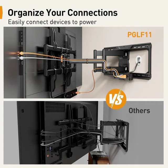 Alt view image 3 of 7 - Full Motion TV Wall Mount with Power Strip for 4290 Inch TVs up to 150 lbs, Pre-Assembled TV Mount Has Smooth Swivel, Tilt, Extension, Max VESA 600x400mm, 12/16/24 Wood Studs, PGLF11