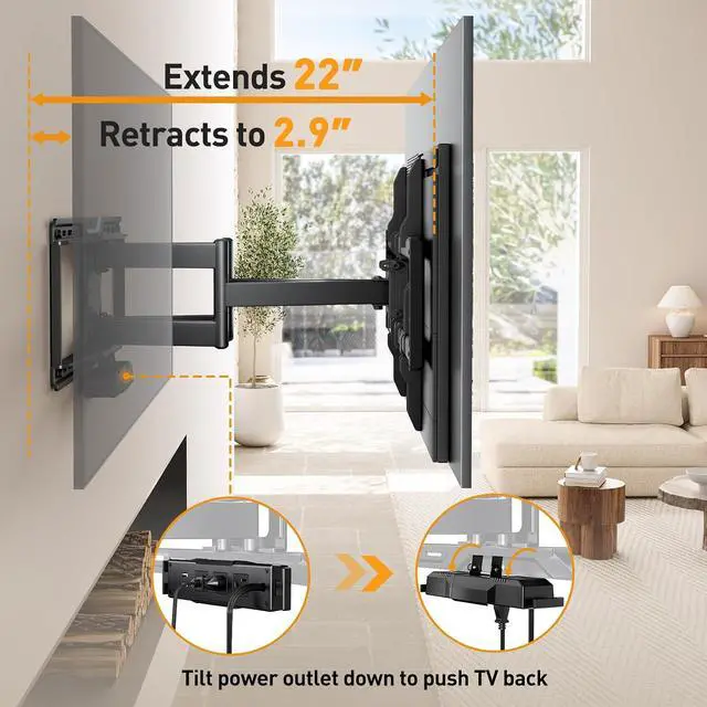 Alt view image 5 of 7 - Full Motion TV Wall Mount with Power Strip for 4290 Inch TVs up to 150 lbs, Pre-Assembled TV Mount Has Smooth Swivel, Tilt, Extension, Max VESA 600x400mm, 12/16/24 Wood Studs, PGLF11