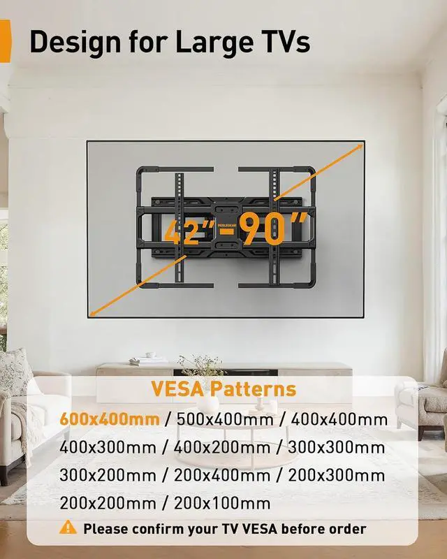 Alt view image 2 of 7 - AuraFrame Pre-Assembled TV Wall Mount with LED Light for 4290 TVs up to 150 lbs, Full Motion Wall Mount, Tilt, Swivel & Extension, TV Backlights with Music Sync, Max VESA 600 x 400mm