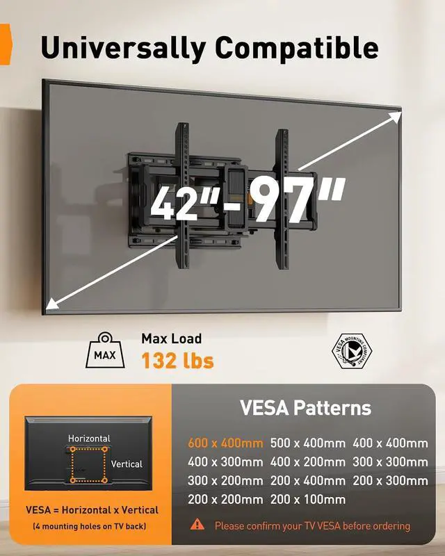 Alt view image 2 of 6 - UL-Listed Full Motion TV Wall Mount for 4297 Inch Flat Curved TVs up to 132 lbs, 12/16 Wood Studs, TV Mount Bracket with Tool-Free Tilt, Swivel, Extension, Max VESA 600 x 400mm, PGLF15