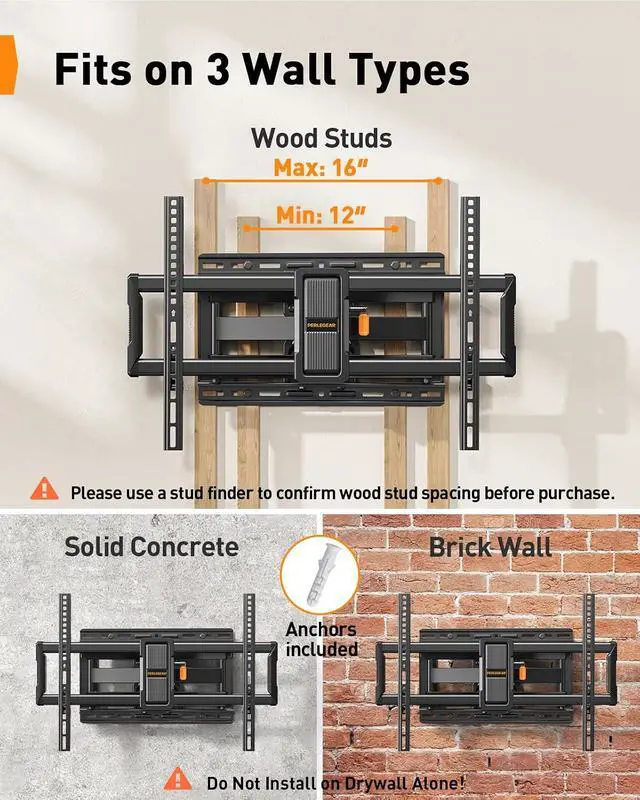 Alt view image 4 of 6 - UL-Listed Full Motion TV Wall Mount for 4297 Inch Flat Curved TVs up to 132 lbs, 12/16 Wood Studs, TV Mount Bracket with Tool-Free Tilt, Swivel, Extension, Max VESA 600 x 400mm, PGLF15