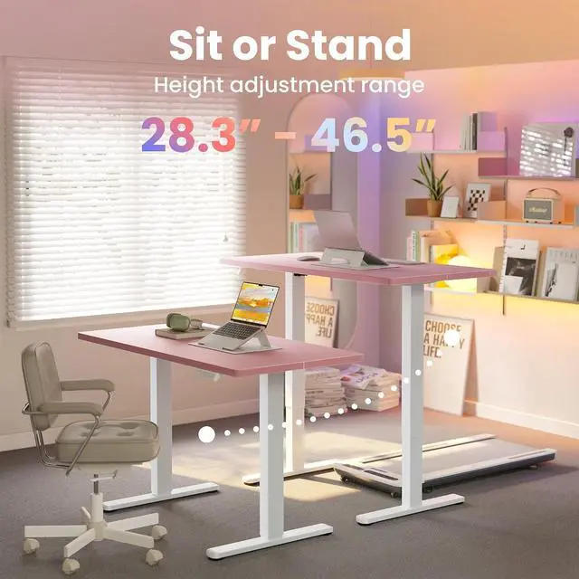 Alt view image 4 of 7 - Electric Standing Desk, 55" x 28" Height Adjustable Desk, 4 Memory Height Settings, Sit to Stand Up Desk for Home Office, with Headphone Hook, Cable Manager, Pink