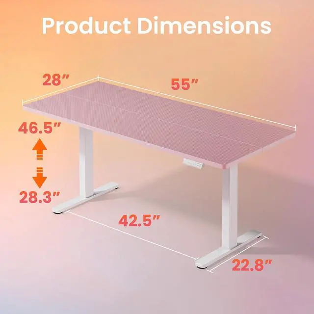 Alt view image 3 of 7 - Electric Standing Desk, 55" x 28" Height Adjustable Desk, 4 Memory Height Settings, Sit to Stand Up Desk for Home Office, with Headphone Hook, Cable Manager, Pink
