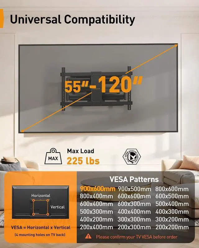 Alt view image 2 of 7 - TV Wall Mount for 55-65 75 85 90 98 100 120 Inch TVs, Heavy Duty TV Mount Fits 24/18/16Wood Studs, Preassembled Full Motion TV Mount up to 225lbs, Max VESA 900x600mm, PGXLF03B