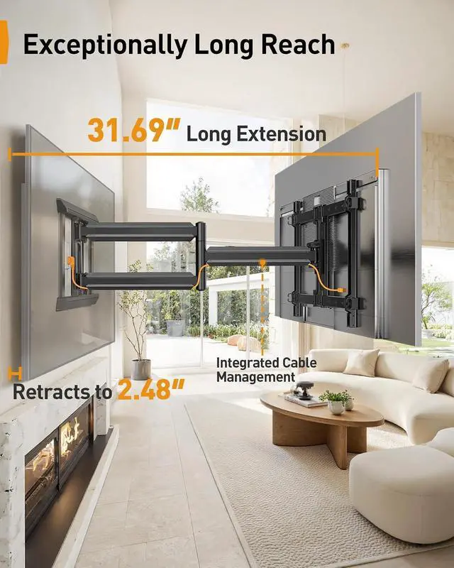 Alt view image 4 of 7 - TV Wall Mount for 55-65 75 85 90 98 100 120 Inch TVs, Heavy Duty TV Mount Fits 24/18/16Wood Studs, Preassembled Full Motion TV Mount up to 225lbs, Max VESA 900x600mm, PGXLF03B