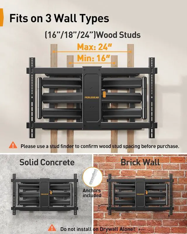 Alt view image 3 of 7 - TV Wall Mount for 55-65 75 85 90 98 100 120 Inch TVs, Heavy Duty TV Mount Fits 24/18/16Wood Studs, Preassembled Full Motion TV Mount up to 225lbs, Max VESA 900x600mm, PGXLF03B