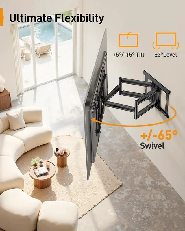 Alt view image 5 of 7 - TV Wall Mount for 55-65 75 85 90 98 100 120 Inch TVs, Heavy Duty TV Mount Fits 24/18/16Wood Studs, Preassembled Full Motion TV Mount up to 225lbs, Max VESA 900x600mm, PGXLF03B