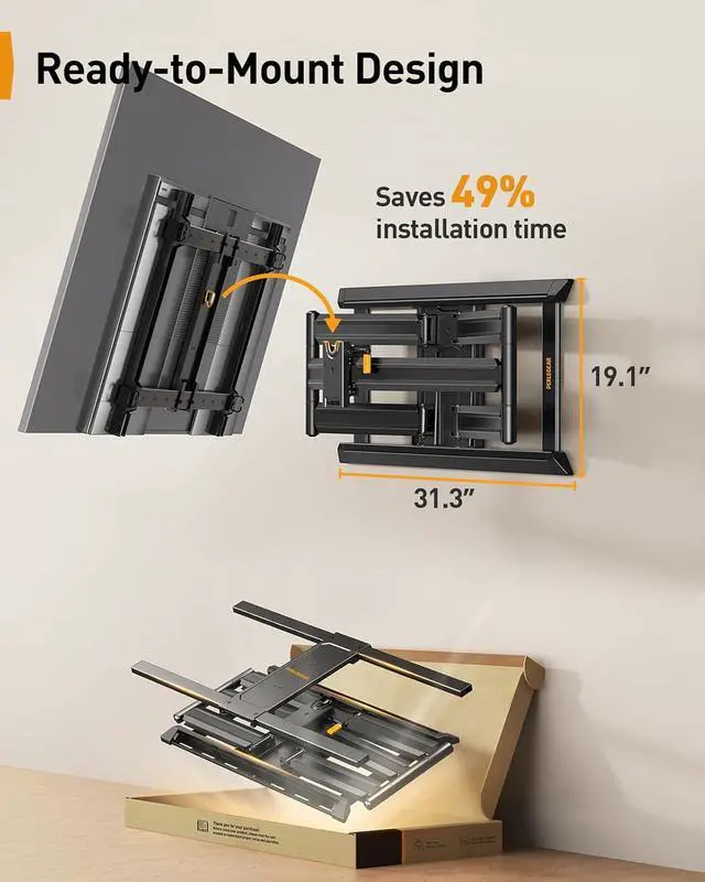 Alt view image 7 of 7 - TV Wall Mount for 55-65 75 85 90 98 100 120 Inch TVs, Heavy Duty TV Mount Fits 24/18/16Wood Studs, Preassembled Full Motion TV Mount up to 225lbs, Max VESA 900x600mm, PGXLF03B