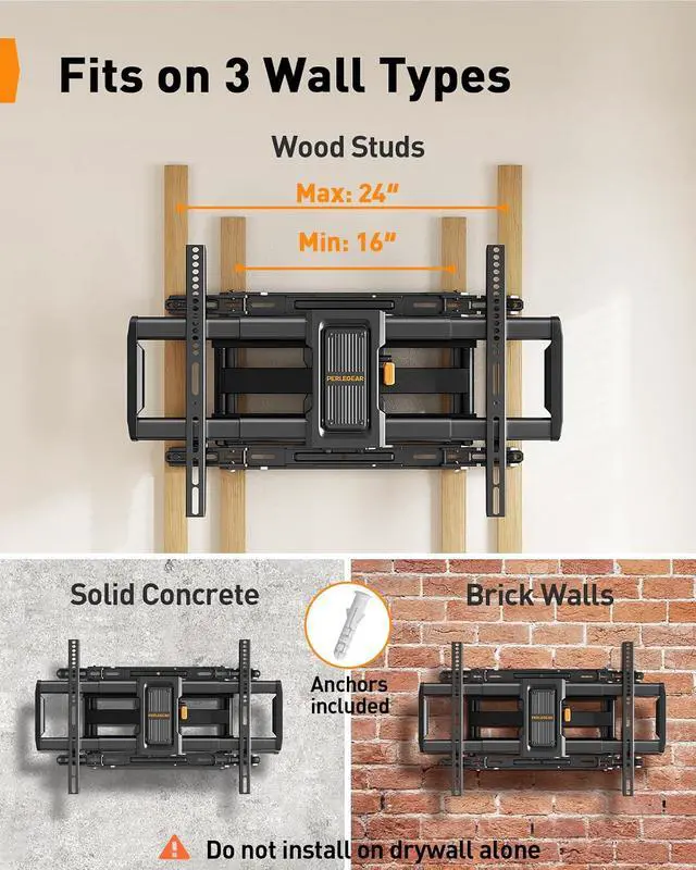Alt view image 3 of 7 - Full Motion TV Wall Mount for 4297 inch TVs up to 132 lbs, Preassembled and Telescopic Design for Easy Setup, Swivel, Tilt and Extension, Fits 16/18/24 Wood Studs, Max VESA 600x400mm