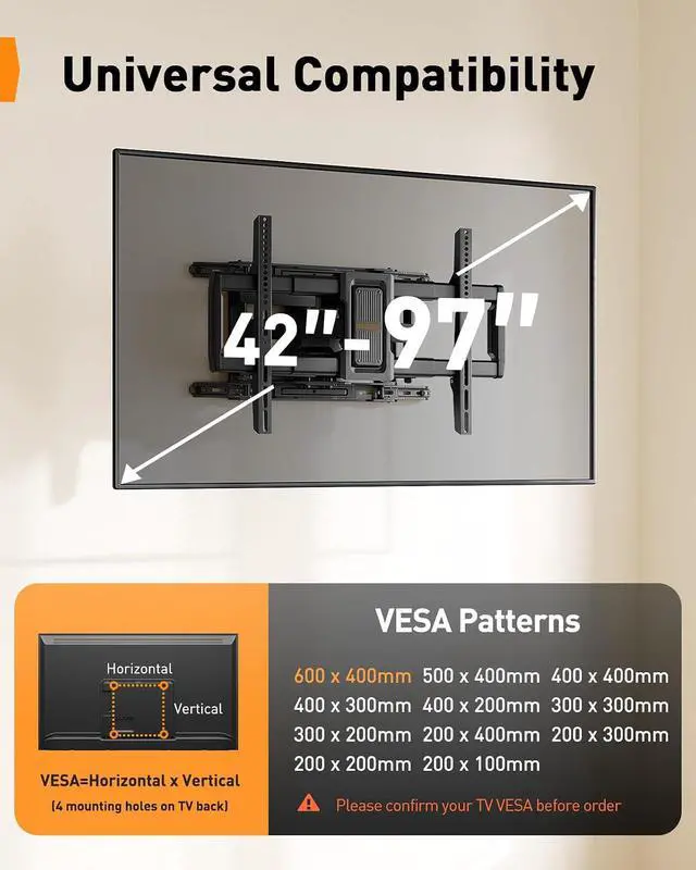 Alt view image 2 of 7 - Full Motion TV Wall Mount for 4297 inch TVs up to 132 lbs, Preassembled and Telescopic Design for Easy Setup, Swivel, Tilt and Extension, Fits 16/18/24 Wood Studs, Max VESA 600x400mm