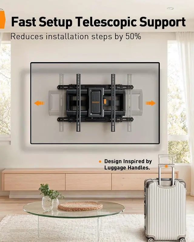 Alt view image 4 of 7 - Full Motion TV Wall Mount for 4297 inch TVs up to 132 lbs, Preassembled and Telescopic Design for Easy Setup, Swivel, Tilt and Extension, Fits 16/18/24 Wood Studs, Max VESA 600x400mm