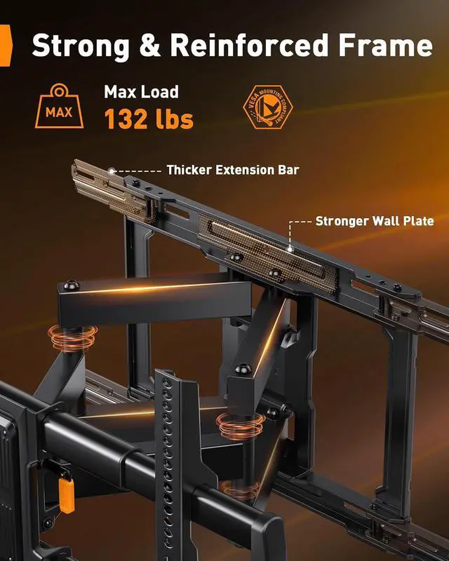 Alt view image 5 of 7 - Full Motion TV Wall Mount for 4297 inch TVs up to 132 lbs, Preassembled and Telescopic Design for Easy Setup, Swivel, Tilt and Extension, Fits 16/18/24 Wood Studs, Max VESA 600x400mm