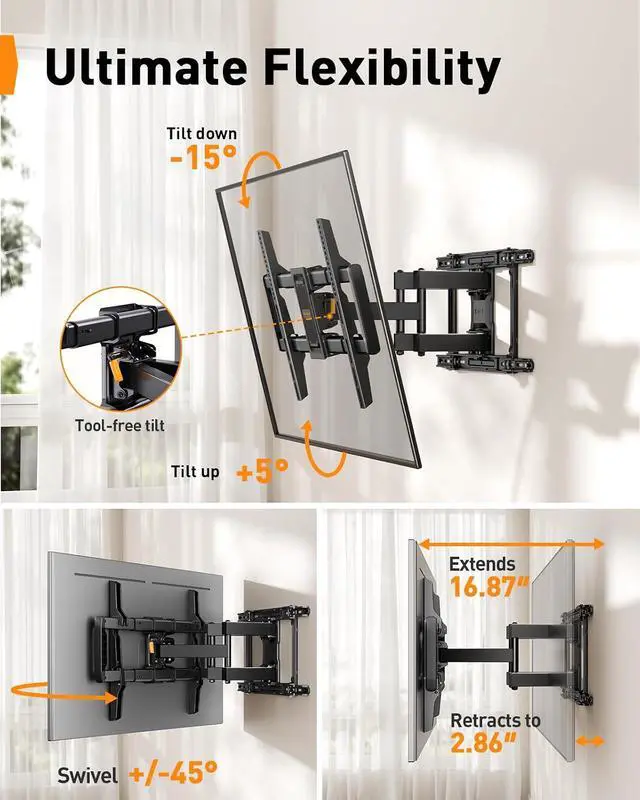 Alt view image 7 of 7 - Full Motion TV Wall Mount for 4297 inch TVs up to 132 lbs, Preassembled and Telescopic Design for Easy Setup, Swivel, Tilt and Extension, Fits 16/18/24 Wood Studs, Max VESA 600x400mm