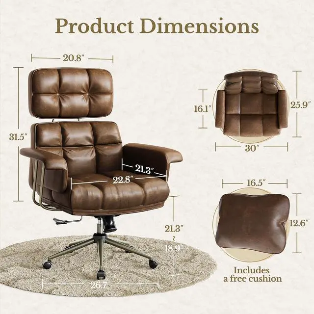 Alt view image 2 of 7 - Big and Tall Executive Office Chair, PU Leather Ergonomic Chair with Thick Cushion & Lumbar Support, Comfy Mid Century Swivel Computer Chair for Home Office, Brown