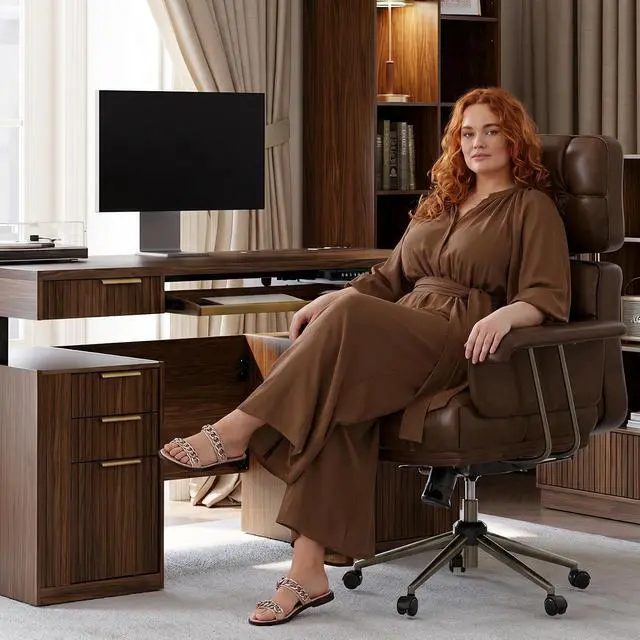 Alt view image 3 of 7 - Big and Tall Executive Office Chair, PU Leather Ergonomic Chair with Thick Cushion & Lumbar Support, Comfy Mid Century Swivel Computer Chair for Home Office, Brown