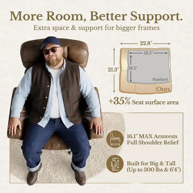 Alt view image 4 of 7 - Big and Tall Executive Office Chair, PU Leather Ergonomic Chair with Thick Cushion & Lumbar Support, Comfy Mid Century Swivel Computer Chair for Home Office, Brown
