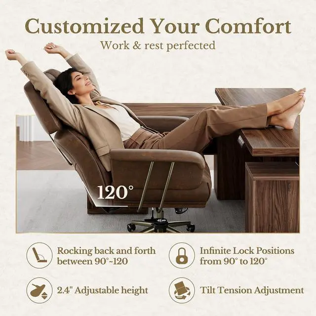 Alt view image 5 of 7 - Big and Tall Executive Office Chair, PU Leather Ergonomic Chair with Thick Cushion & Lumbar Support, Comfy Mid Century Swivel Computer Chair for Home Office, Brown