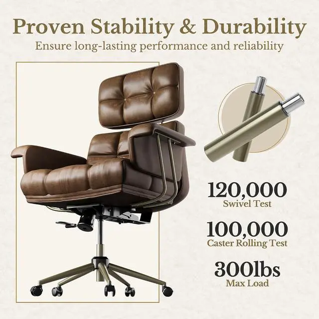 Alt view image 7 of 7 - Big and Tall Executive Office Chair, PU Leather Ergonomic Chair with Thick Cushion & Lumbar Support, Comfy Mid Century Swivel Computer Chair for Home Office, Brown