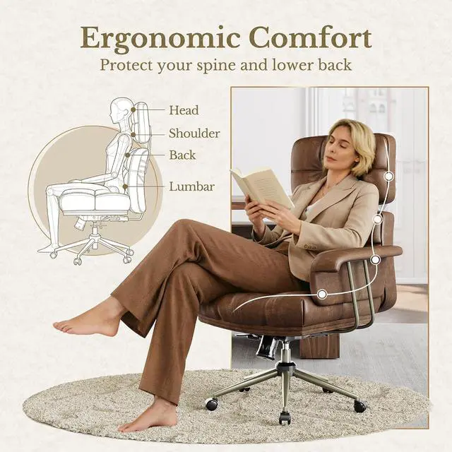Alt view image 6 of 7 - Big and Tall Executive Office Chair, PU Leather Ergonomic Chair with Thick Cushion & Lumbar Support, Comfy Mid Century Swivel Computer Chair for Home Office, Brown