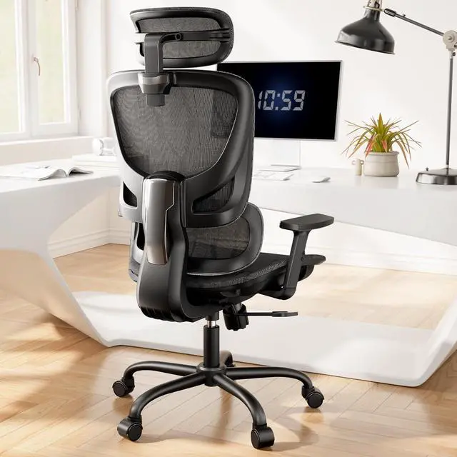 Alt view image 2 of 7 - Ergonomic Mesh Office Chair with 5-Level Lumbar Support, Computer Gaming Chair with Adjustable Headrest & Armrests, Rocking Tilt, Comfortable High Back Desk Chair for Home Office